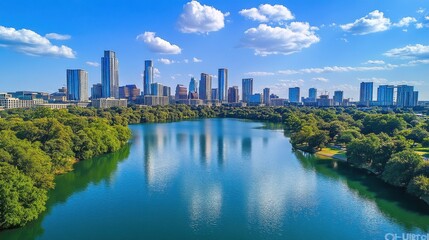 Obraz premium Panoramic drone view of Lady Bird Lake and the Austin skyline , Panorama, Reflections, Lady Bird Lake