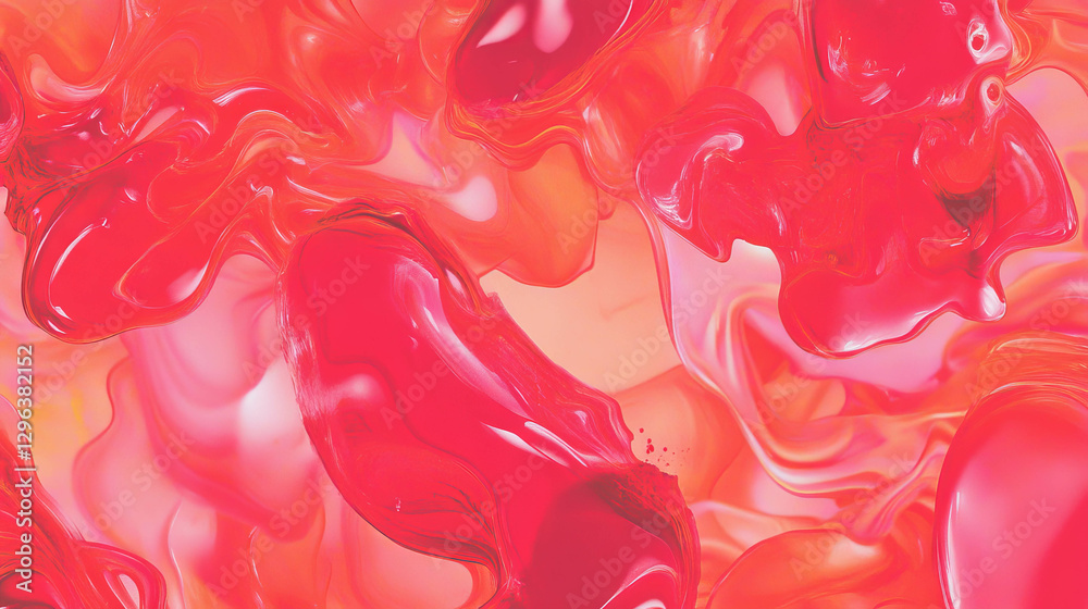 Poster abstract fluid art with vibrant red ink blots on smooth background