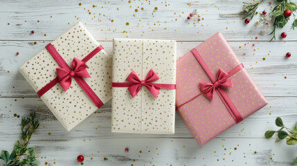 Three Christmas gifts with pink ribbons on a white wooden background