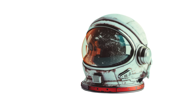 Astronaut helmet reflecting galaxy on transparent background