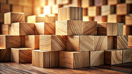 Obraz premium Wooden Blocks Arrangement A Composition of Natural Wood Cubes on a Dark Wooden Surface