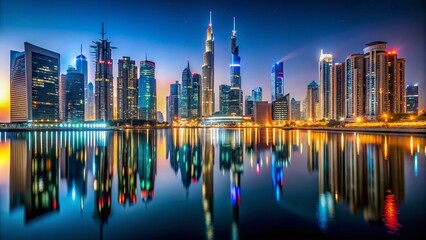 Fototapeta premium Dubai Business Bay Night Skyline: Stunning Modern Architecture & City Lights