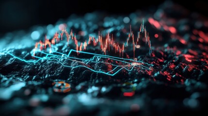 Stock market chart with red and blue arrows indicating upward and downward trends with photo background