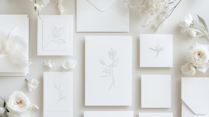 Elegant white stationery mockup with floral graphics for wedding invitation collage with copy space