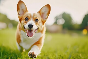 Happy Corgi Running on Green Grass in Sunlight