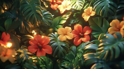 Lush tropical foliage with vibrant hibiscus flowers illuminated by warm lights.