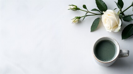 Monochrome flat lay with seamless gradient tones. A white rose, pale ceramic cup, or transparent objects blend into the background, creating harmony and stillness. High-resolution, minimalist beauty, 