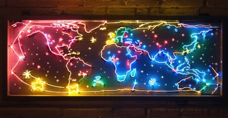 Neon sign celestial map constellations glowing ancient star chart illuminating cosmic pathways bright colorful realistic photo