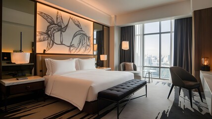 Upscale, modern hotel room with high-thread-count sheets, a statement art piece, and ambient lighting.
