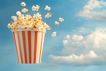 Popcorn Bucket in the Sky - A striped popcorn bucket floats against a bright blue sky, popcorn pieces playfully scattered around it. Symbolizing fun, joy, entertainment, leisure, and snack time