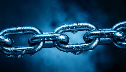 close up of wet metal chain links with droplets in focused blue toned light