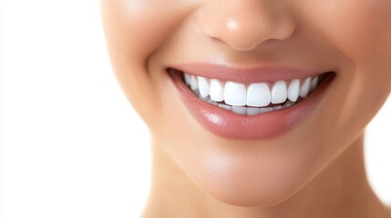 Obraz premium A radiant Asian woman is face, adorned with meticulously applied cosmetics, exudes an aura of beauty and happiness. Her perfect smile and attractive features are captured in a clear white background,