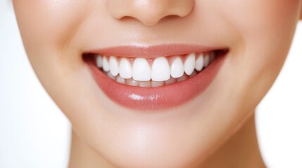 Fototapeta premium A radiant Asian woman is face, adorned with meticulously applied cosmetics, exudes an aura of beauty and happiness. Her perfect smile and attractive features are captured in a clear white background,