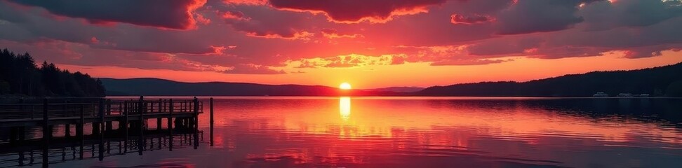 Obraz premium Dramatic sunset over Keswick Lake, Ashness Jetty silhouette against fiery sky , orange, water, england