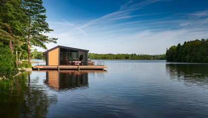 Obraz premium unplugged living minimalist floating cabin on a tranquil lake unplugged living nature retreat and off grid solitude