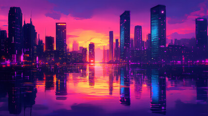 Fototapeta premium Surreal cityscape river: dreamlike urban waterscape at night. Surreal Melting Architecture. Illustration