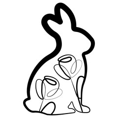 simple icon of Easter bunny sitting on hind legs with rose buds in line art style drawn with original outline, for logos and various designs