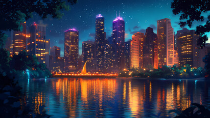 Obraz premium Surreal cityscape river: dreamlike urban waterscape at night. Surreal Melting Architecture. Illustration