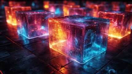 Glowing Transparent Cubes Representing Artistic NFT Tokens in 3D. Generative AI
