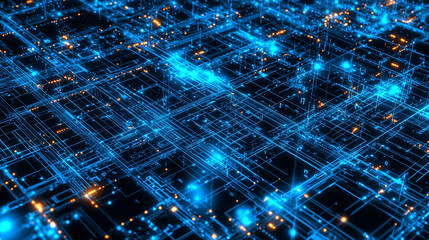 Abstract Digital Network Glowing Blue and Orange Circuit Lines Futuristic Technology Background