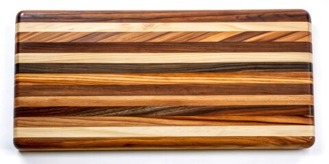 Artisan-crafted hardwood cutting board with multiple wood grain stripes, designed for kitchen use and elegant presentation.
