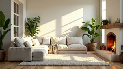 Serene Living Room Design with Neutral Tones and Natural Light Featuring a Cozy Sectional Sofa, a Relaxing Rug, and a Warm Fireplace