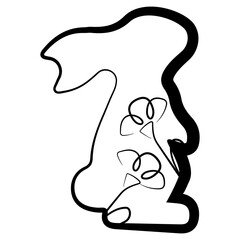 simple icon of Easter bunny standing on hind legs with flower buds in line art style drawn with original outline, for logos and various designs