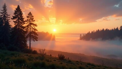 Obraz premium Serene Sunrise Over Misty Mountain Meadow with Silhouetted Evergreen Trees