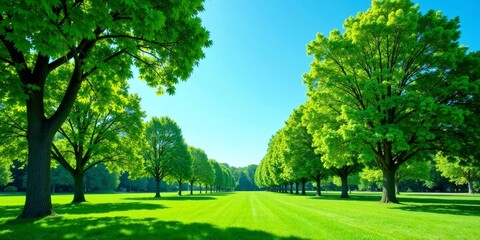 Fototapeta premium Serene landscape of lush green trees lining a vibrant grassy path under a clear sky, evoking a sense of tranquility and natural beauty.