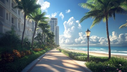 Fototapeta premium Sunny boardwalk path alongside beach, palm trees, and buildings.
