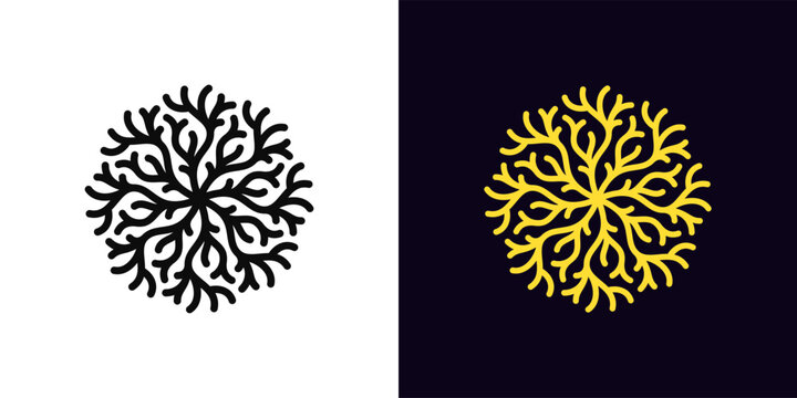 Outline coral reef icon, with editable stroke. Coral tree icon, geometric pattern of nautical plant. Round coral pattern, coastal coralline seaweed, marine plant branch, submarine nature. Vector icon