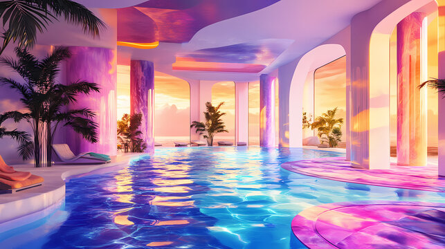 Surreal dreamlike resort pool escape: luxurious relaxation and vibrant colors. Surreal Melting Architecture. Illustration