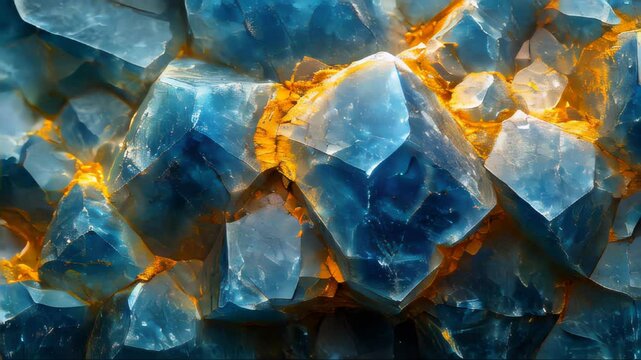 Large blue mineral crystals with golden inclusions forming a rugged, textured rock surface