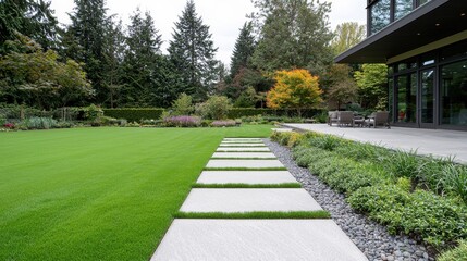 Fototapeta premium Modern Backyard Landscaping: Stone Path & Lush Lawn