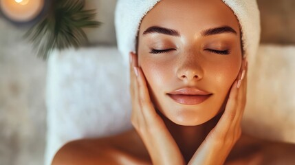 A woman with flawless, porcelain skin, her touch a gentle caress of her face, radiating confidence and natural beauty. The scene suggests a facial treatment or spa visit, emphasizing the allure of