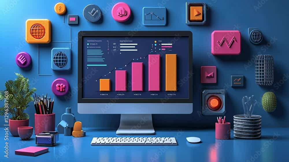 Wall mural digital workspace: a contemporary computer setup with a vibrant display showcases analytical data an