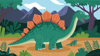 Cartoon character of a dinosaur in jurassic world forest 