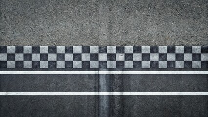 Asphalt Race Track Finish Line with Checkered Flag and Tire Marks Overhead View
