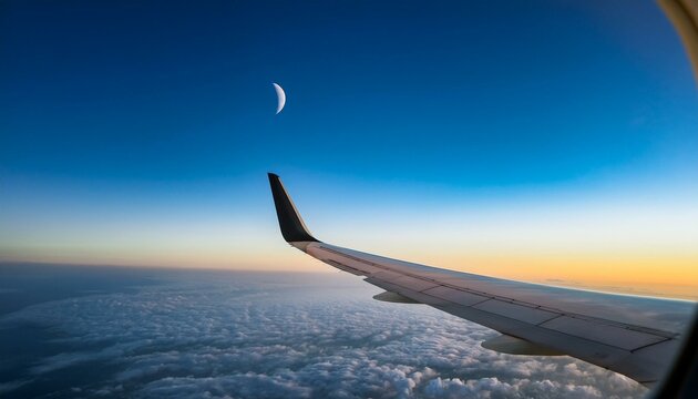 view of a thin sliver of moon in the sky from plane window