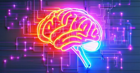 Neon sign cybernetic consciousness robotic brain forming glitchy digital patterns bright colorful realistic photo