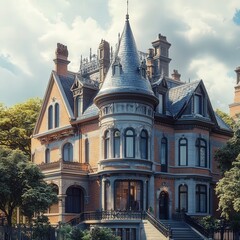 Obraz premium a Victorian townhouse with a unique turret, showcasing the timeless appeal of this architectural style