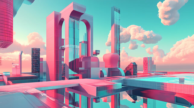 Surreal dystopian melting cityscape with fantastical dreamlike architecture in vibrant conceptual design. Surreal Melting Architecture. Illustration