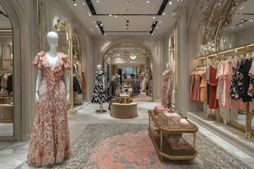 A high-end fashion boutique interior, featuring stylish mannequins dressed in designer clothes, a plush carpet, and ambient lighting.