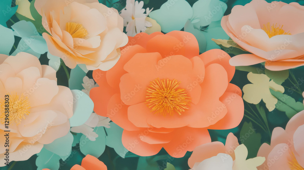 Poster floral background with colorful paper cutout patterns for design and decoration