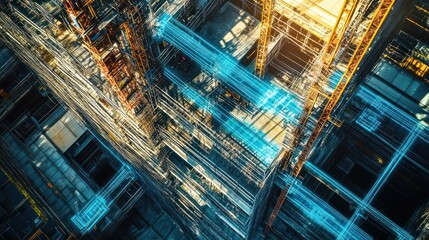 Fototapeta premium Aerial view of futuristic city construction, digital data streams, glowing lines, technological progress
