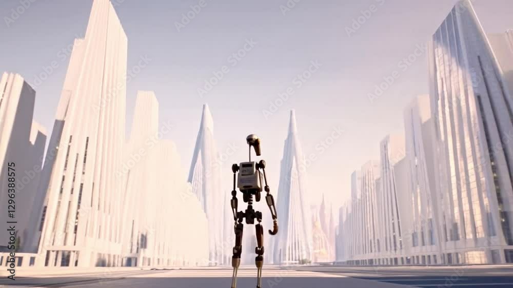 Poster a solitary robot navigates a sprawling, minimalist city filled with towering skyscrapers and empty s