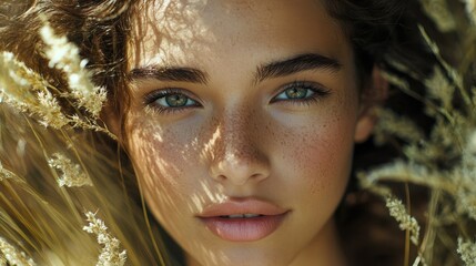 A radiant young woman is face, a canvas of flawless beauty, captured in a close-up portrait that exudes health and vitality, highlighting the power of natural cosmetology and the allure of spa