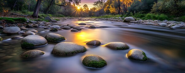River flows through forest during beautiful sunset with stones