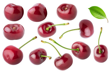 Isolated cherries. Collection of various glossy cherry fruits with stems and without, with leaf...