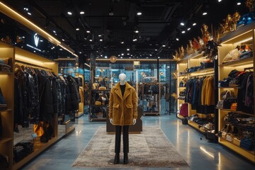 Fototapeta premium A high-end fashion boutique interior, featuring stylish mannequins dressed in designer clothes, a plush carpet, and ambient lighting.